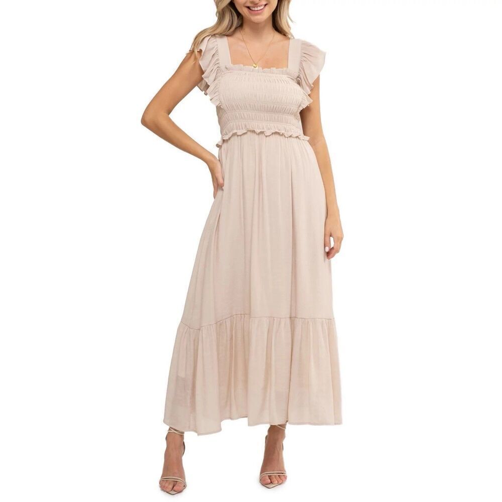 august silk Blush Pink Smocked Midi Dress